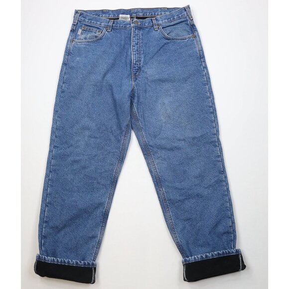 Vintage Carhartt Mens 38x32 Faded Relaxed Fit Fleece Lined Wide Leg Denim Jeans